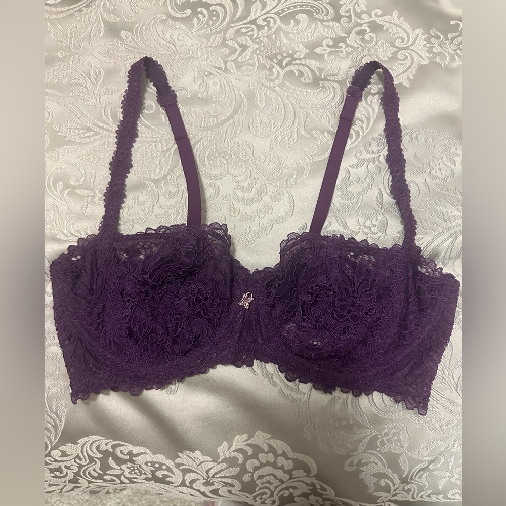 Savage X Fenty 38DDD plum color romantic corded lace balconette bra.